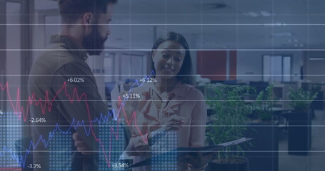 Poster - Image of financial data processing over diverse people in office