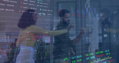 Poster - Image of financial data processing over diverse people in office
