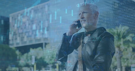 Poster - Image of data processing over caucasian man using smartphone