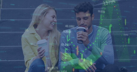 Poster - Image of data processing over caucasian couple drinking coffee