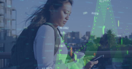 Poster - Image of data processing over biracial woman using smartphone