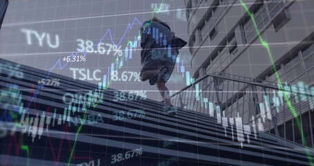 Poster - Image of financial data processing over caucasian man running in city