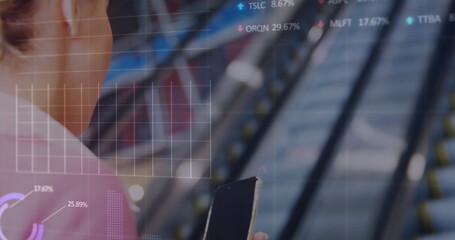 Poster - Image of graphs and trading board, caucasian woman scrolling on cellphone while using escalator