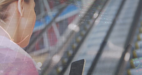 Poster - Image of graphs and trading board, caucasian woman scrolling on cellphone while using escalator