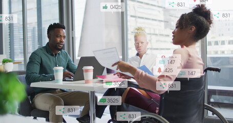 Canvas Print - Image of notification bars over diverse disable woman explaining reports to coworkers