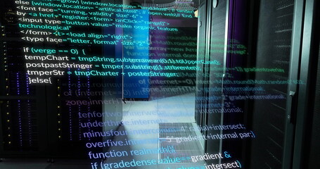 Poster - Image of multicolored computer language over data server room