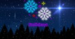 Image of holidays text and snow falling over trees on blue background