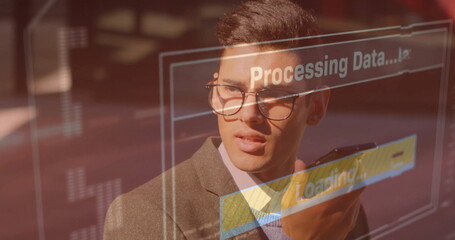 Poster - Image of data processing over caucasian businessman talking on smartphone