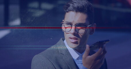 Poster - Image of data processing over caucasian businessman using smartphone