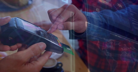 Poster - Image of data processing over caucasian woman paying with credit card
