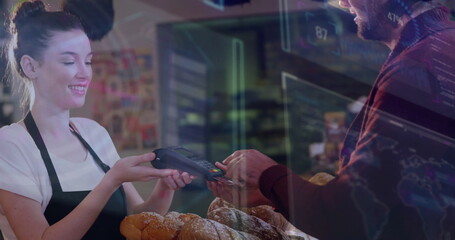 Poster - Image of data processing over caucasian man paying with credit card