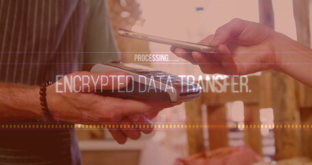 Poster - Image of data processing over caucasian woman paying with smartphone