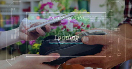 Poster - Image of data processing over caucasian woman paying with smartphone