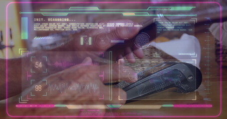 Poster - Image of data processing over caucasian man paying with smartphone
