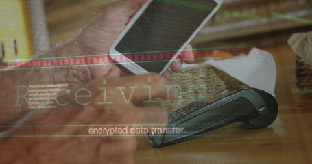 Poster - Image of data processing over caucasian man paying with smartphone