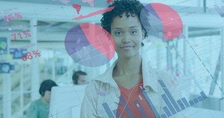 Poster - Image of financial data processing over diverse business people in office