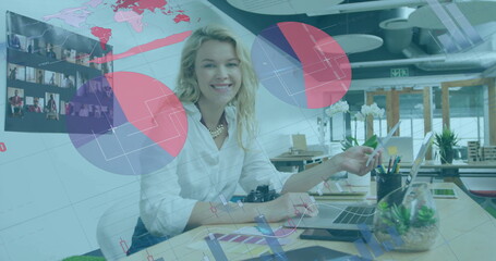 Poster - Image of financial data processing over caucasian businesswoman in office