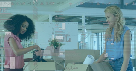 Poster - Image of financial data processing over diverse businesswomen unpacking boxes in office