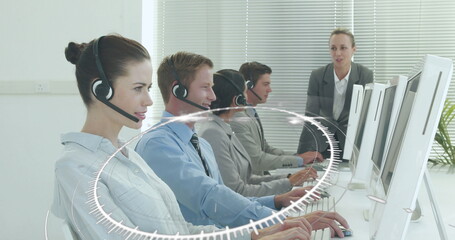 Poster - Image of network of connections over caucasian office workers wearing headsets