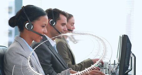 Poster - Image of network of connections over happy diverse office workers wearing headsets