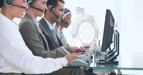 Poster - Image of network of connections over happy diverse office workers wearing headsets