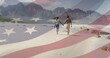 Image of american flag moving over couple holding hands and walking on beach