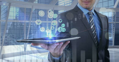 Poster - Image of financial data processing over man using tablet