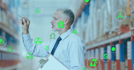 Poster - image of network of eco and environmentally friendly icons worker of the ware house