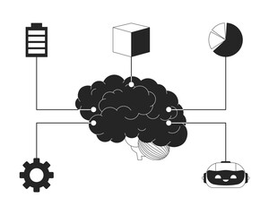 Fototapete - Digital brain machine learning black and white 2D line cartoon object. Artificial intelligence tools isolated vector outline item. Data science, robotics computing monochromatic flat spot illustration