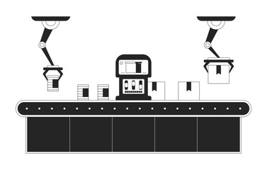 Fototapete - Factory assembly line boxes black and white 2D line cartoon object. Packaging robotic arms isolated vector outline item. Canned food manufacturing automation monochromatic flat spot illustration