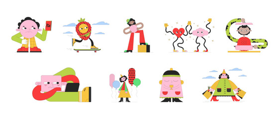 Poster - Funny geometric shape people 2D linear illustration concepts set. Cute retro cartoon characters isolated on white. Mascot geometry figures metaphor abstract flat vector outline graphic collection