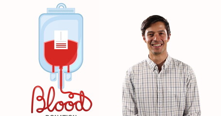 Sticker - Image of blood donation text with smiling caucasian man on white background