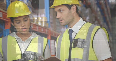Poster - image of statistics and data processing over diverse people working in warehouse