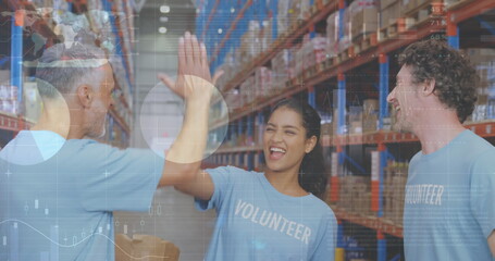 Poster - image of statistics and data processing over diverse volunteers high fiving in warehouse