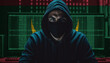 Hacker in a dark hoodie sitting in front of a monitors with Mauritania flag and background cyber security concept