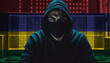 Hacker in a dark hoodie sitting in front of a monitors with Mauritius flag and background cyber security concept