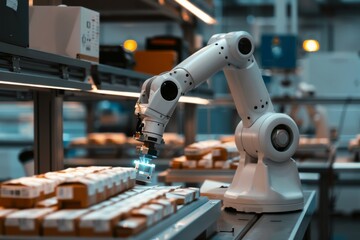 Poster - Advanced robotic arm inspecting production line in a high-tech factory