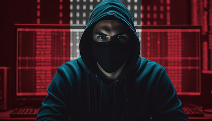 hacker in a dark hoodie sitting in front of a monitors with peru flag and background cyber security 