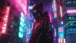 Capture the intricate details of futuristic cyberpunk attire with a low-angle view, blending neon colors in a chaotic, yet harmonious manner Explore a digital rendering technique to bring out the edgy