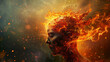Conceptual artwork of a head igniting with fiery sparks   depicting the volatile emotions of anger and stress