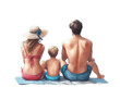 Family on the beach, mother, father and child sitting on beach. Watercolor illustration isolated on transparent background