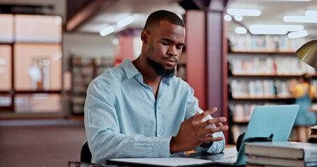 Poster - College, stress or student in library with paper for brainstorming, deadline or research on laptop. Crumpled, burnout or frustrated black man with fatigue, notes or brain fog at school or university