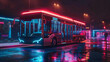 Night scene at a contemporary bus depot with an electric bus under the glow of energy-efficient lighting