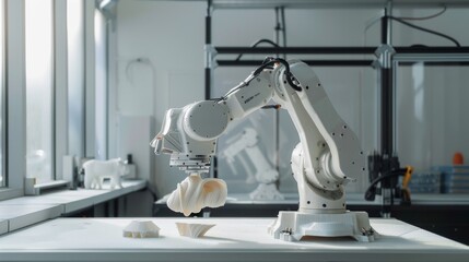 Poster - Advanced robotic arm operating a 3D printer in a modern technology lab, printing intricate white models
