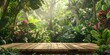A wooden platform in a lush jungle with a view of the trees and plants