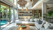 Luxury interior design in living room of pool villas. Airy and bright space with high raised ceiling and kitchen area with dining  ,Generative ai,