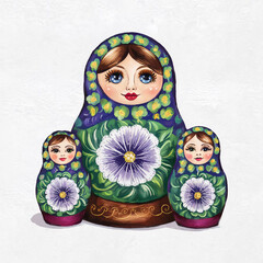 Wall Mural - Matryoshka doll drawing, Palekh painting, on a white background, sticker