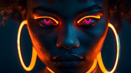 Wall Mural - 
Imagine
27w




Close up Young African woman fluorescent fashion glasses and make up, model in neon style