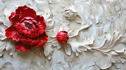 Wall Mural - red decorative volumetric peony flower on the background of a decorative wall.