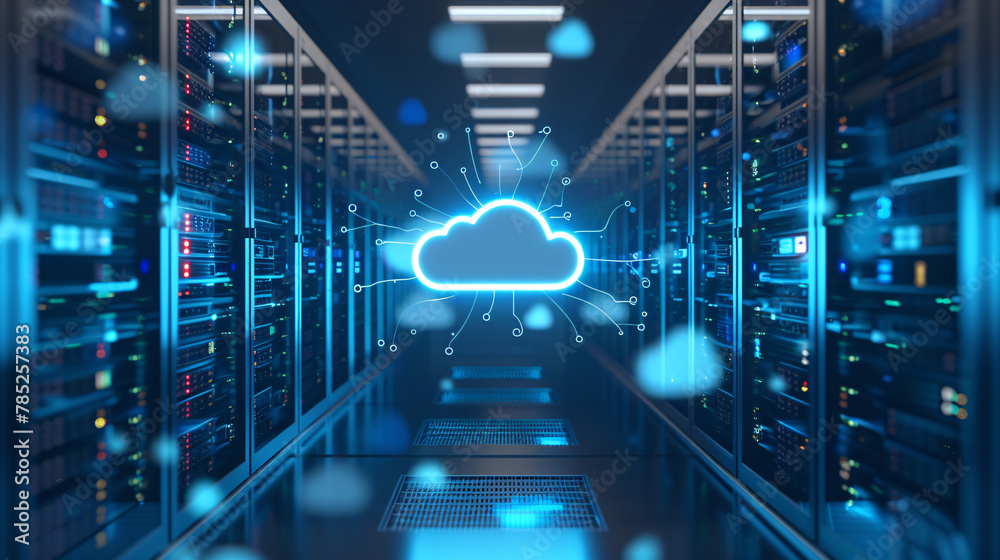Server room with cloud on ceiling modern technology data center concept ...
